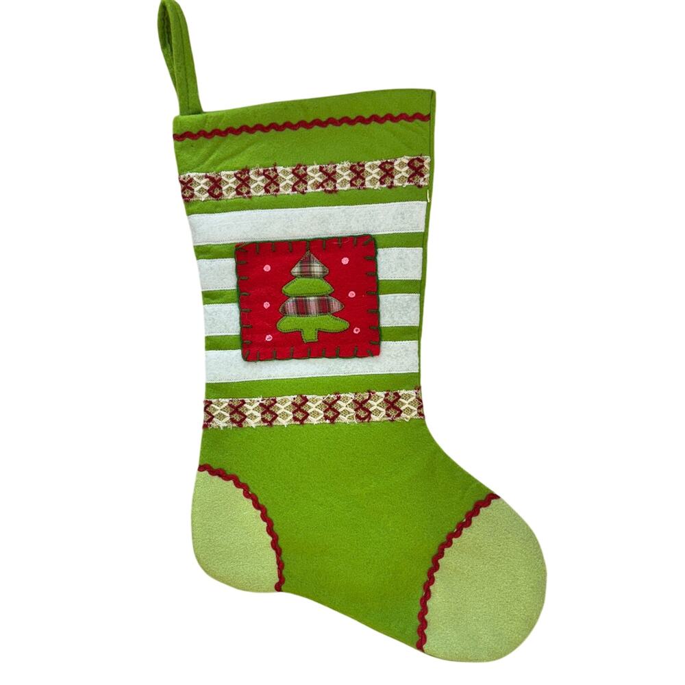 Christmas Tree Stocking Green Felt Rick Rack Burlap Accents Country Rustic 17x10